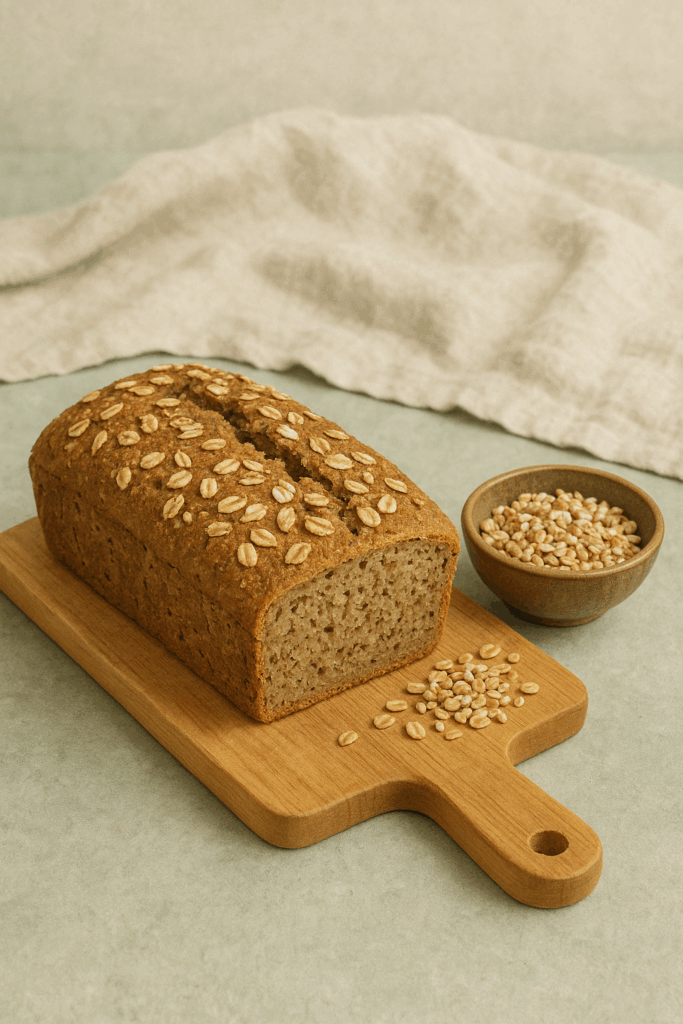 Frisch gebackenes glutenfreies Hafer-Buchweizen-Brot auf einem Holzbrett mit Haferflocken und Buchweizen, Beitragsbild für glutenfreie Brote Rezepte