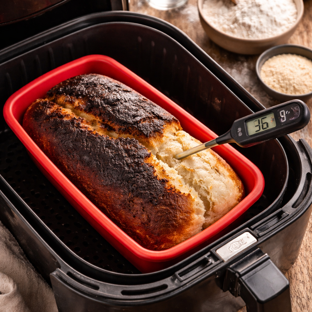 Verbranntes Brot in der Silikonform im Airfryer – typisches Problem beim Brotbacken in der Heißluftfritteuse